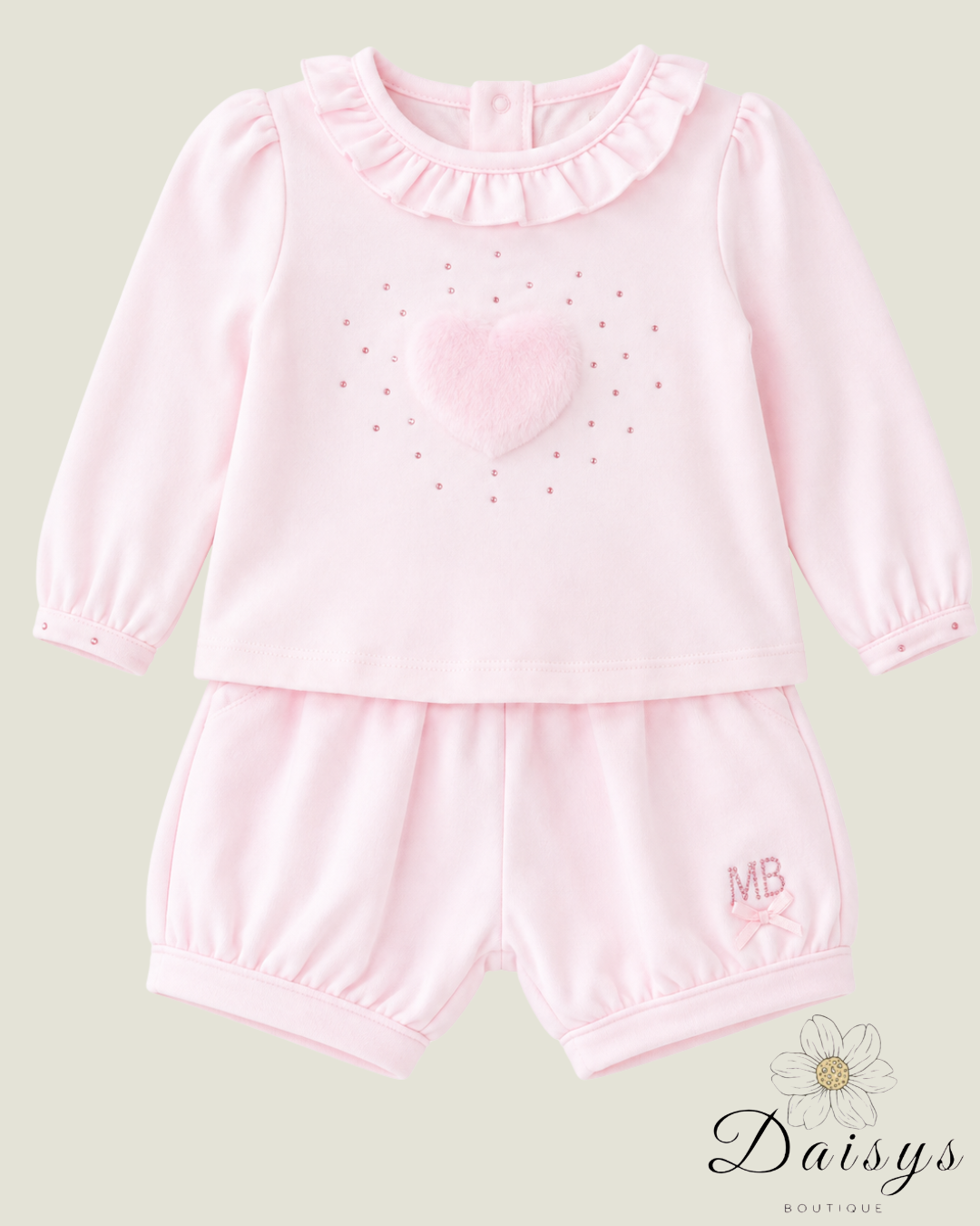 Baby Pink Faux Fur Heart Shorts Set
