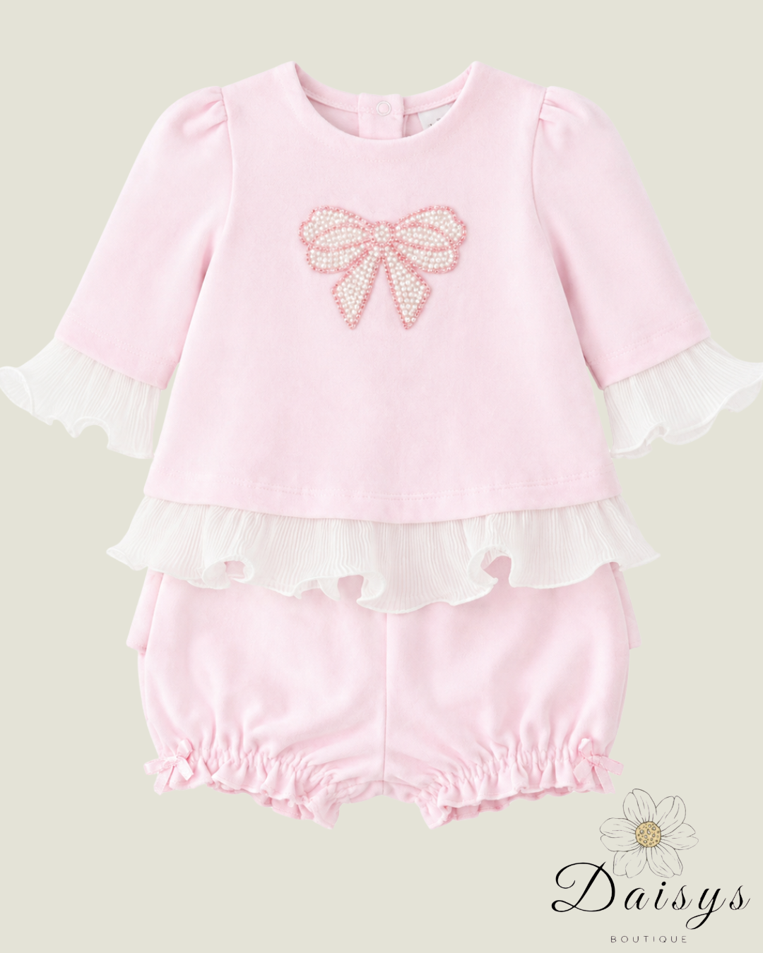 Baby Pink Pearl Bow Shorts Set