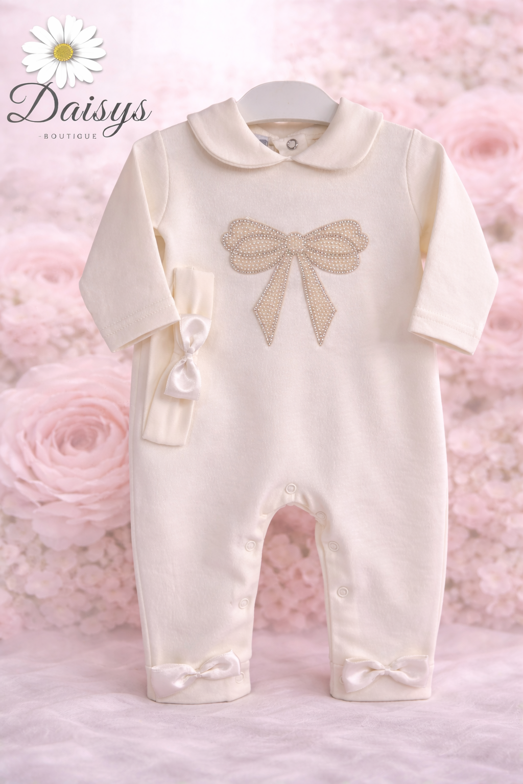 Visara Ivory Baby One Piece with Embellished Bow Detail & Peter Pan Collar with Matching Headband