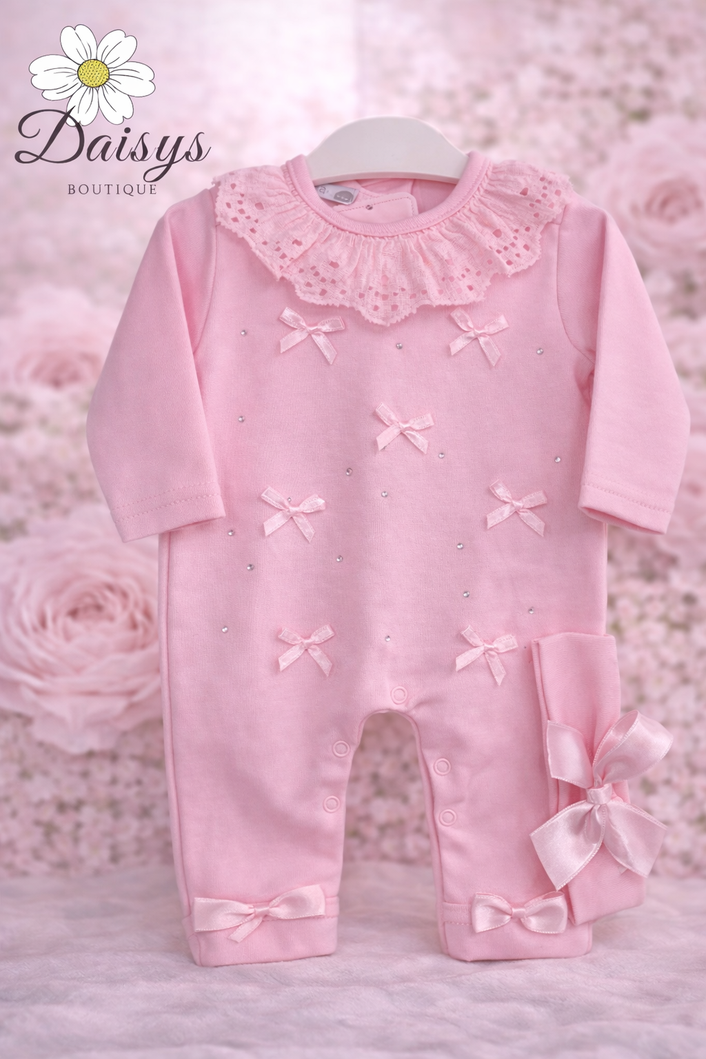 Visara Pink Bow Detail Lace Collar Baby One Piece with Matching Headband