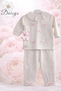 Visara Ivory & Pink Bow Detail Baby Two Piece Set with Lace Collar Top & Leggings