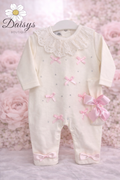 Visara Ivory & Pink Bow Baby One Piece with Lace Collar & Matching Headband