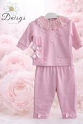 Visara Pink Lace Collar Baby Two Piece Set with Bow Detail Top & Leggings