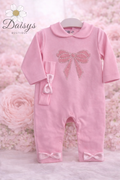 Visara Pink Baby One Piece with Embellished Bow Detail & Peter Pan Collar with Matching Headband