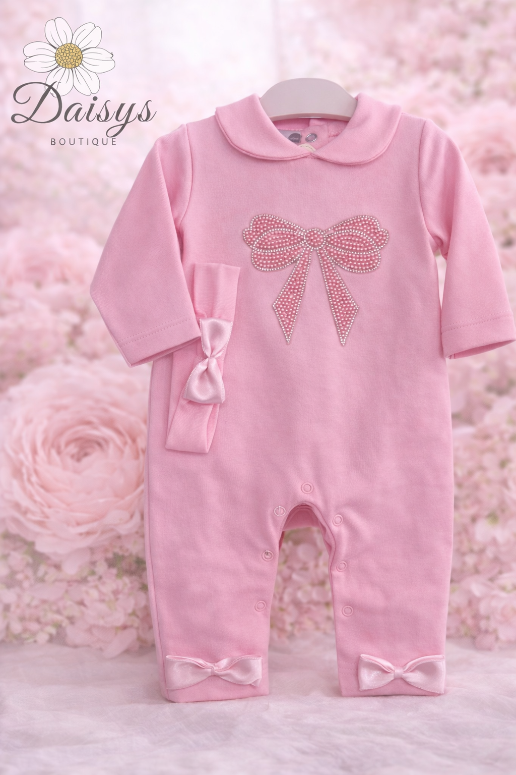 Visara Pink Baby One Piece with Embellished Bow Detail & Peter Pan Collar with Matching Headband