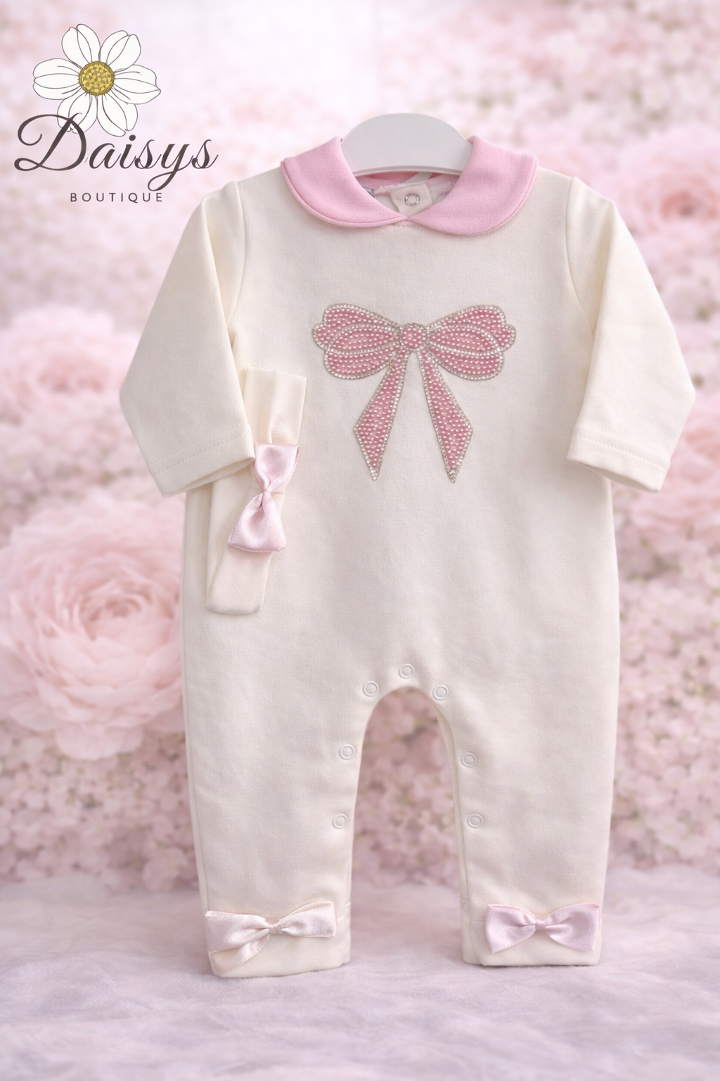 Visara Ivory Baby One Piece with Pink Bow Detail & Peter Pan Collar with Matching Headband