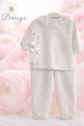 Visara Ivory Lace Collar Baby Two Piece Set with Bow Detail Top & Leggings
