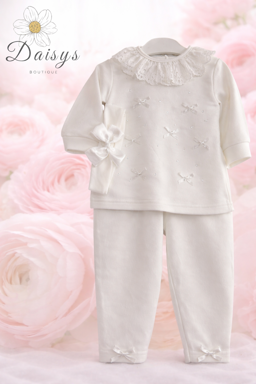 Visara Ivory Lace Collar Baby Two Piece Set with Bow Detail Top & Leggings