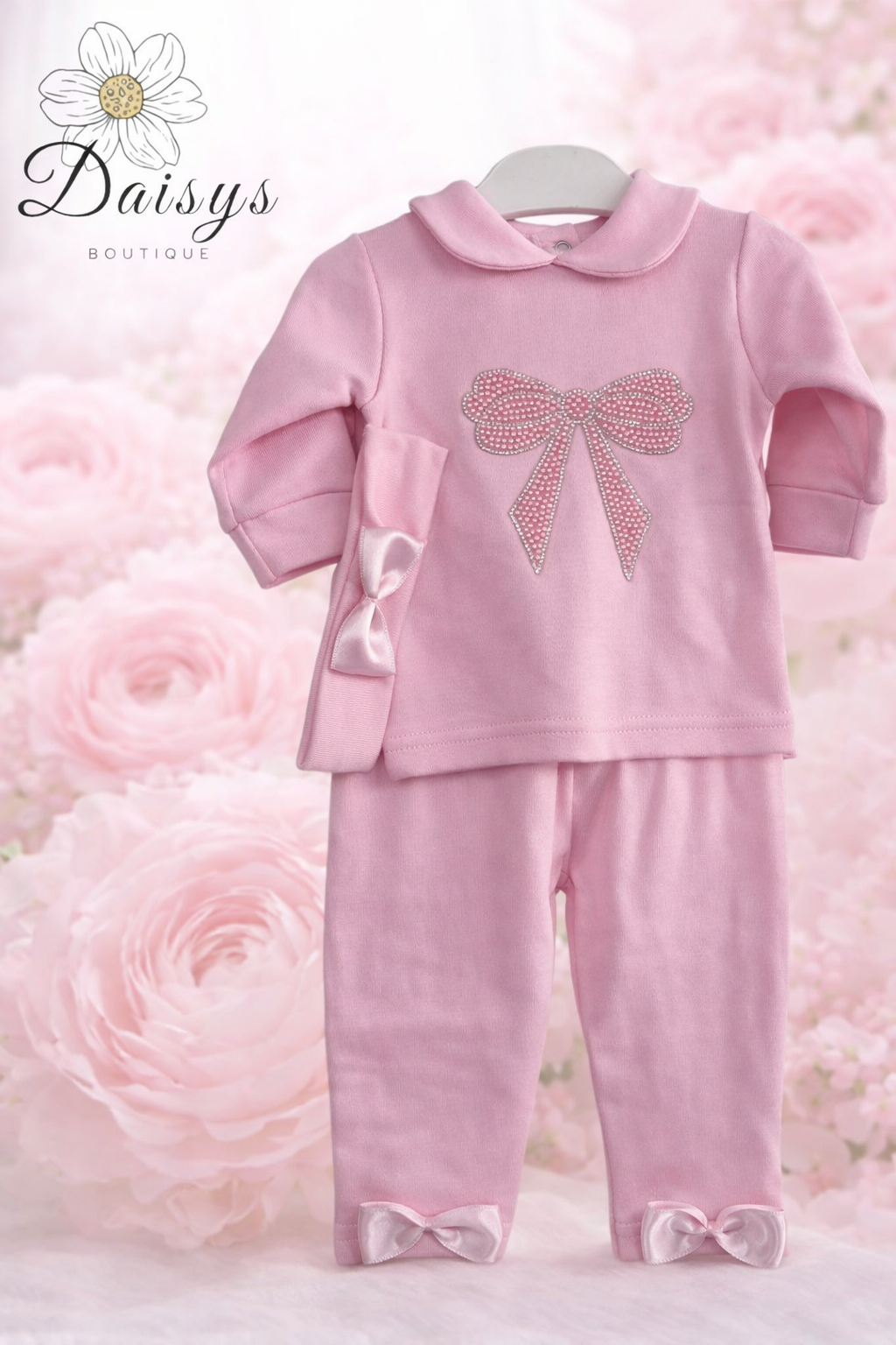 Visara Pink Baby Two Piece Set with Embellished Bow Detail Top & Leggings