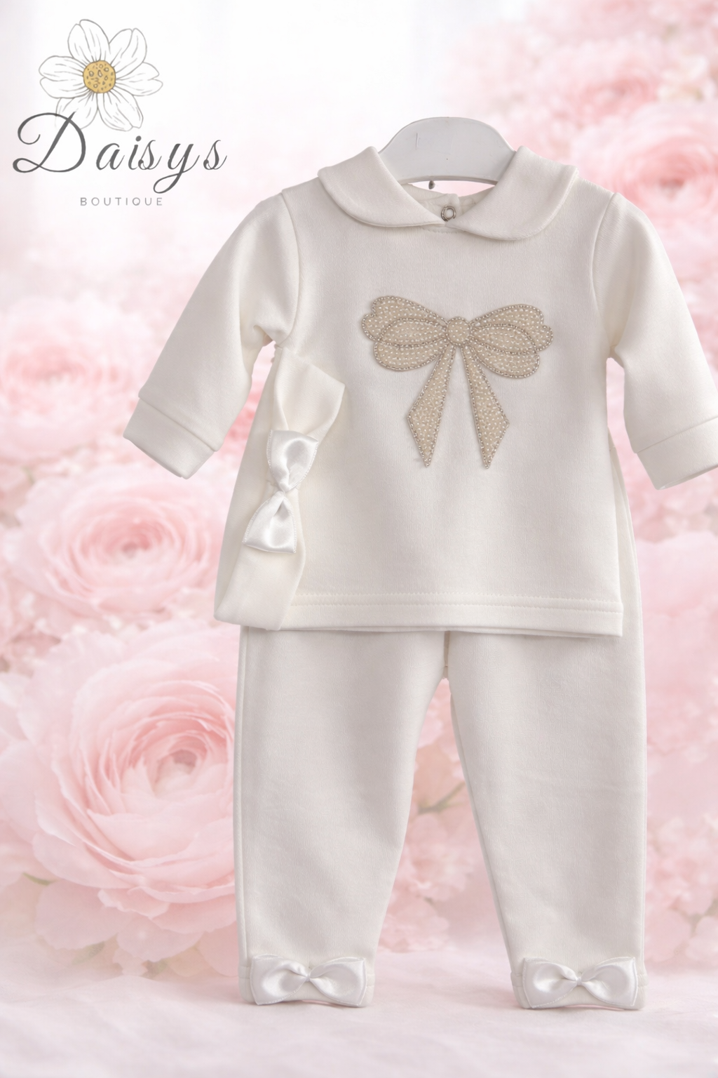 Visara Ivory Baby Two Piece Set with Embellished Bow Detail Top & Leggings