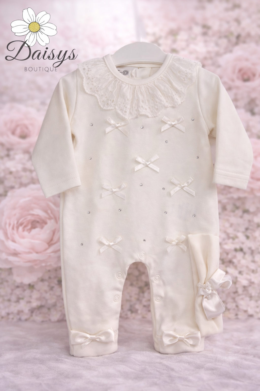 Visara Ivory Lace Collar Baby One Piece with Bow Detail & Matching Headband