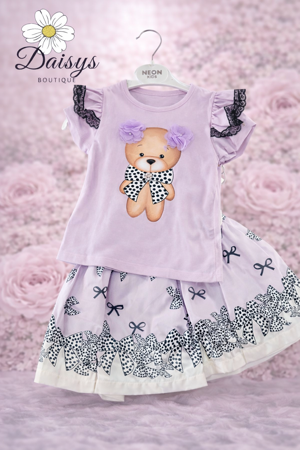 Neon Kids Lilac Teddy Bear Skirt Set with Frill Sleeve Top & Bow Print Skirt