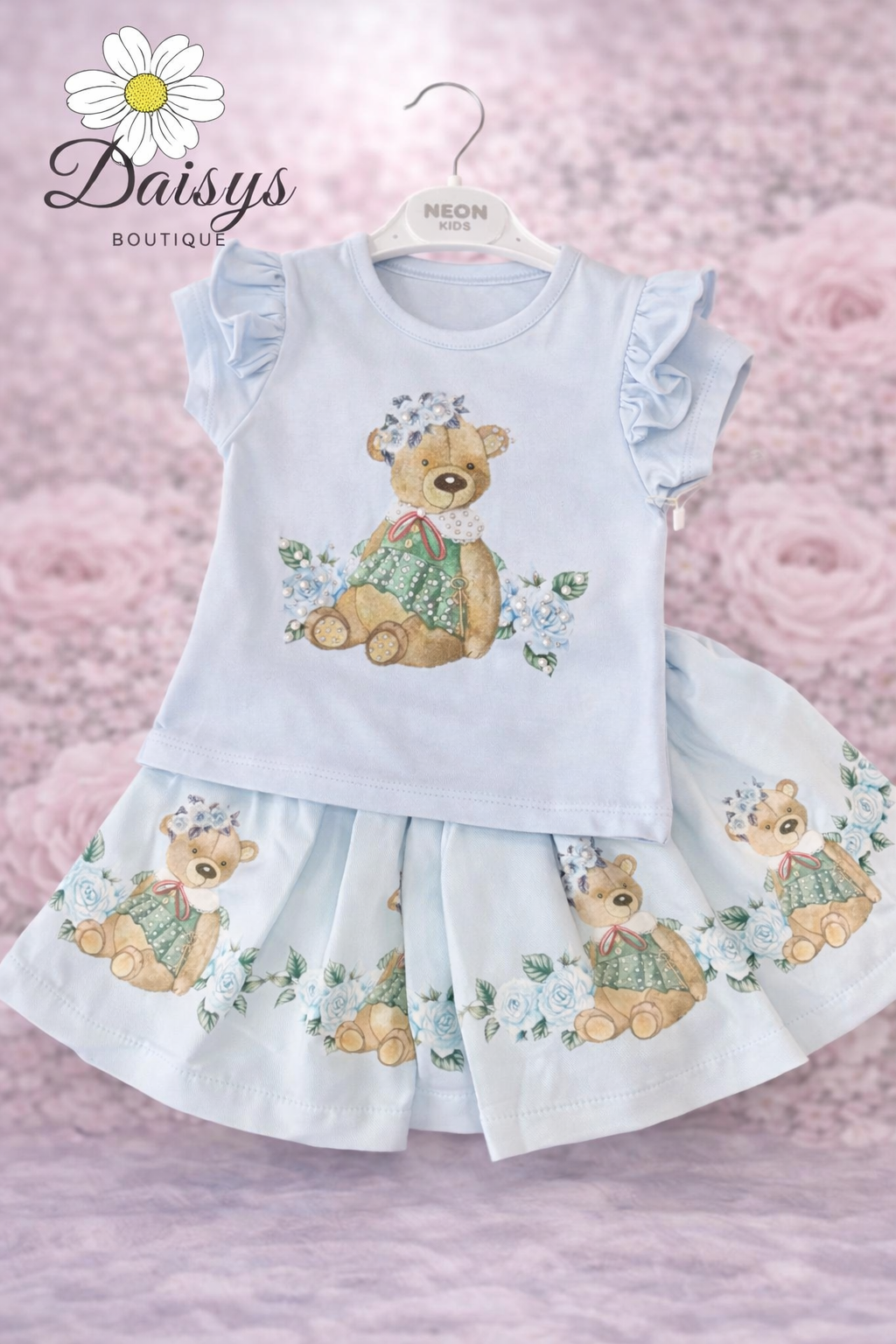 Neon Kids Blue Teddy Bear Skirt Set with Frill Sleeve Top & Floral Print Skirt