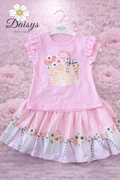Neon Kids Pink Floral Basket Skirt Set with Frill Sleeve Top & Bow Detail Skirt