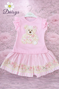 Neon Kids Pink Floral Teddy Bear Skirt Set with Frill Sleeve Top & Polka Dot Skirt