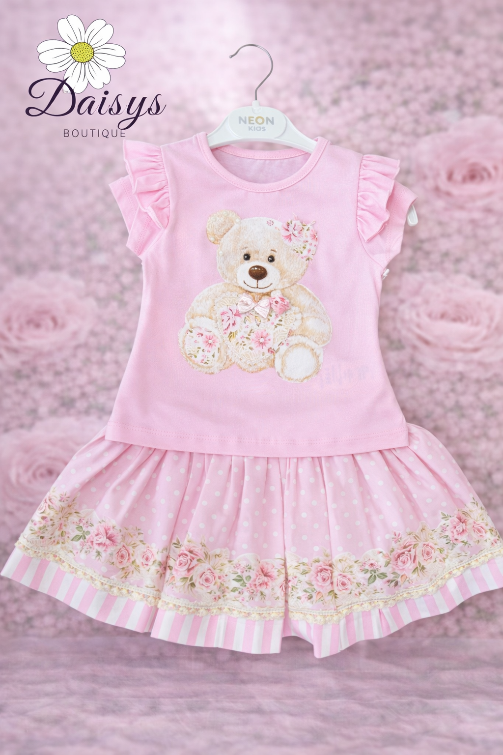Neon Kids Pink Floral Teddy Bear Skirt Set with Frill Sleeve Top & Polka Dot Skirt