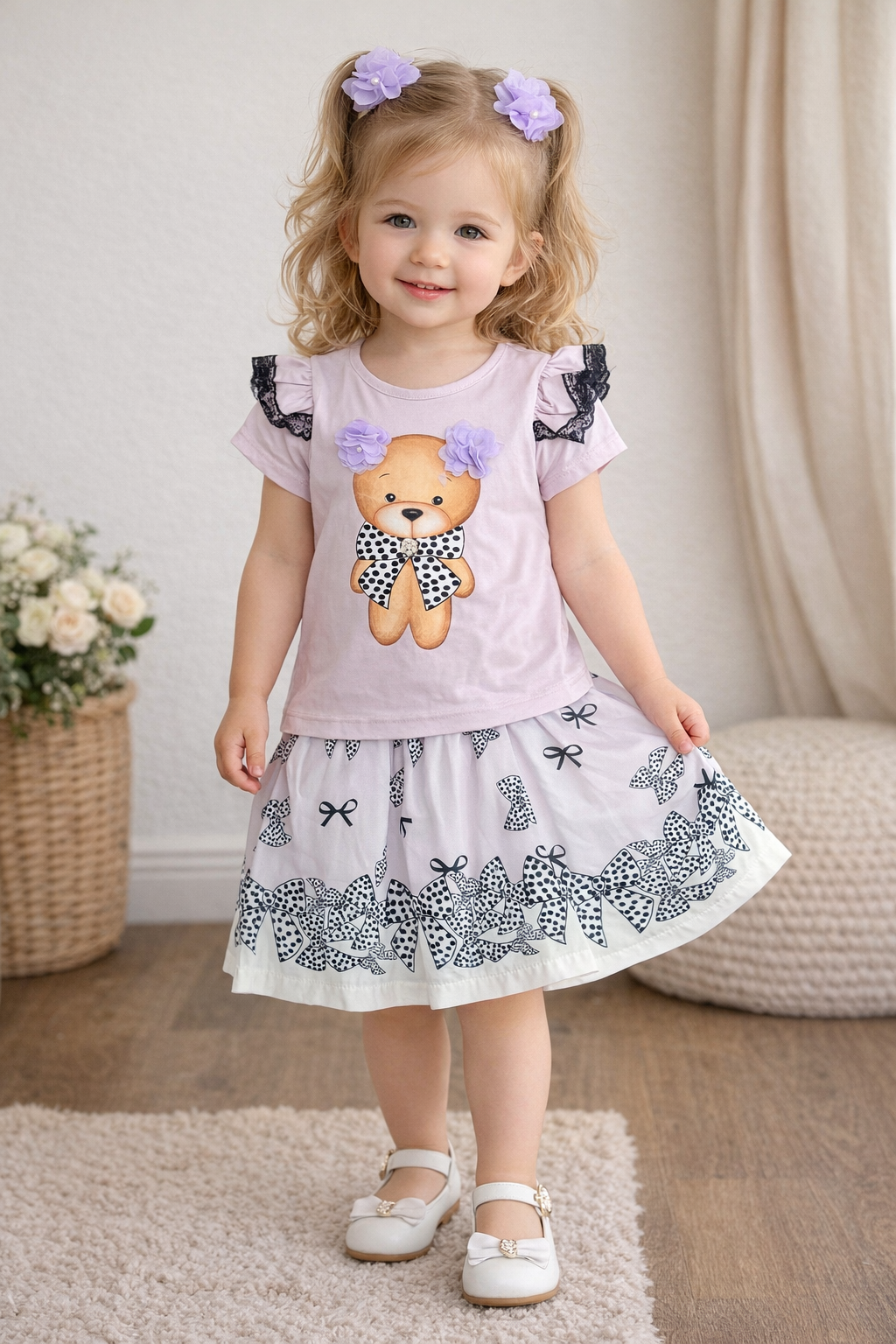 Neon Kids Lilac Teddy Bear Skirt Set with Frill Sleeve Top & Bow Print Skirt