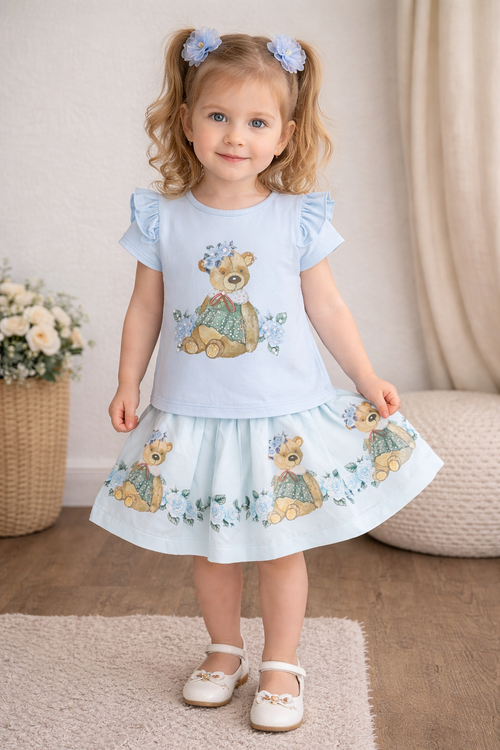 Neon Kids Blue Teddy Bear Skirt Set with Frill Sleeve Top & Floral Print Skirt