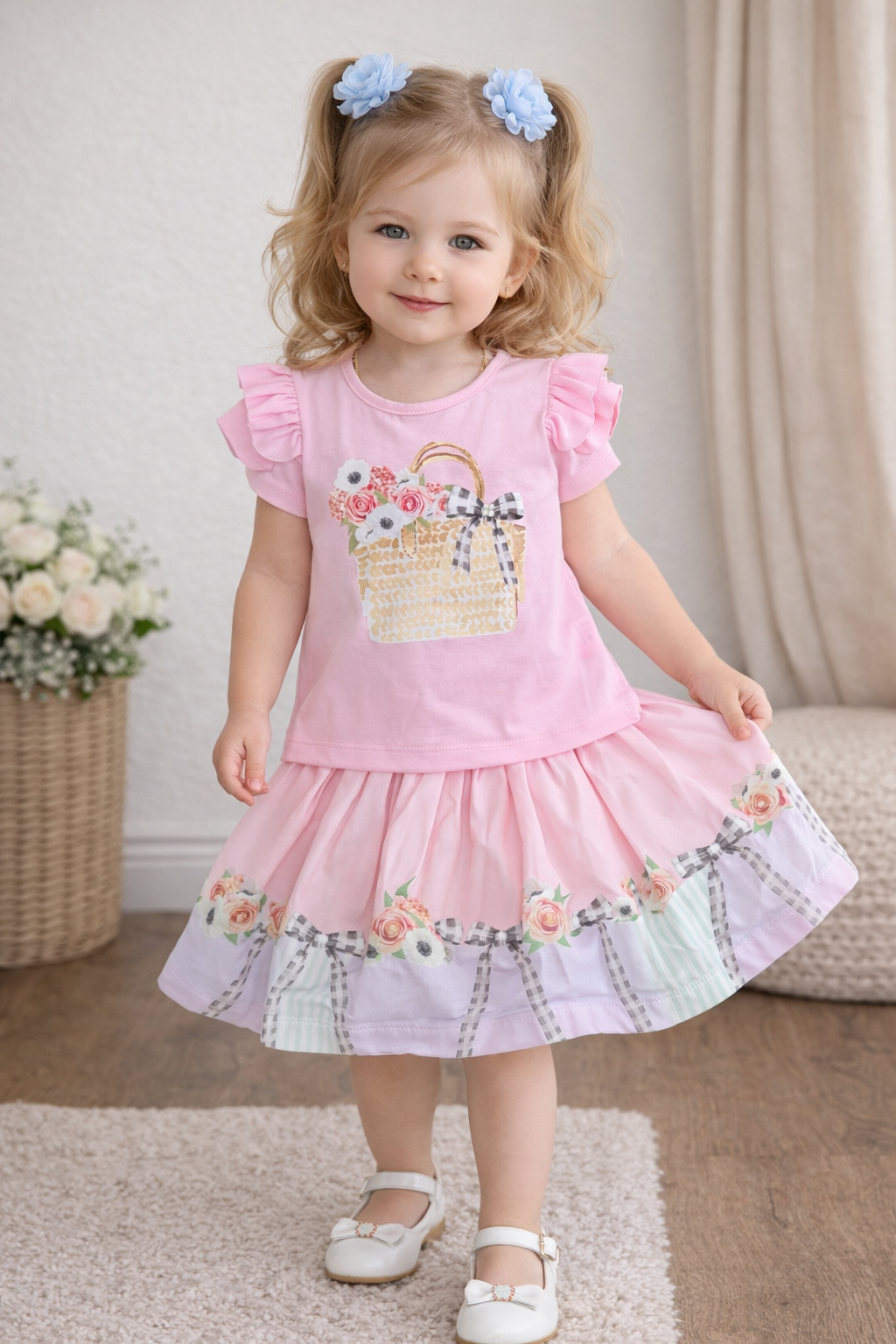Neon Kids Pink Floral Basket Skirt Set with Frill Sleeve Top & Bow Detail Skirt