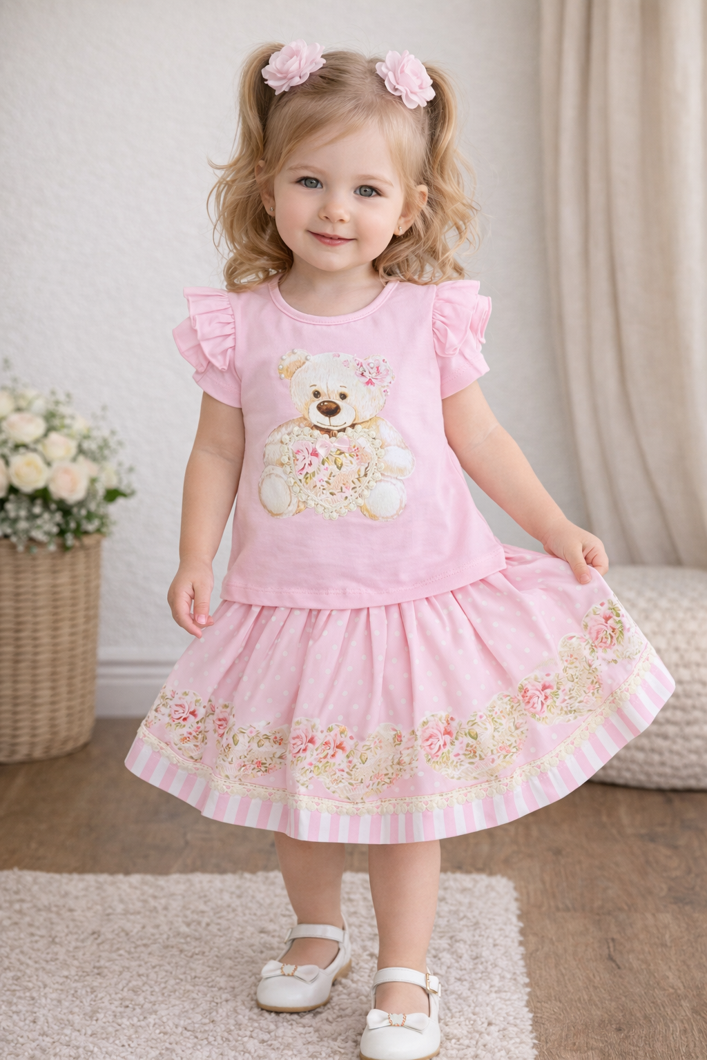 Neon Kids Pink Floral Teddy Bear Skirt Set with Frill Sleeve Top & Polka Dot Skirt